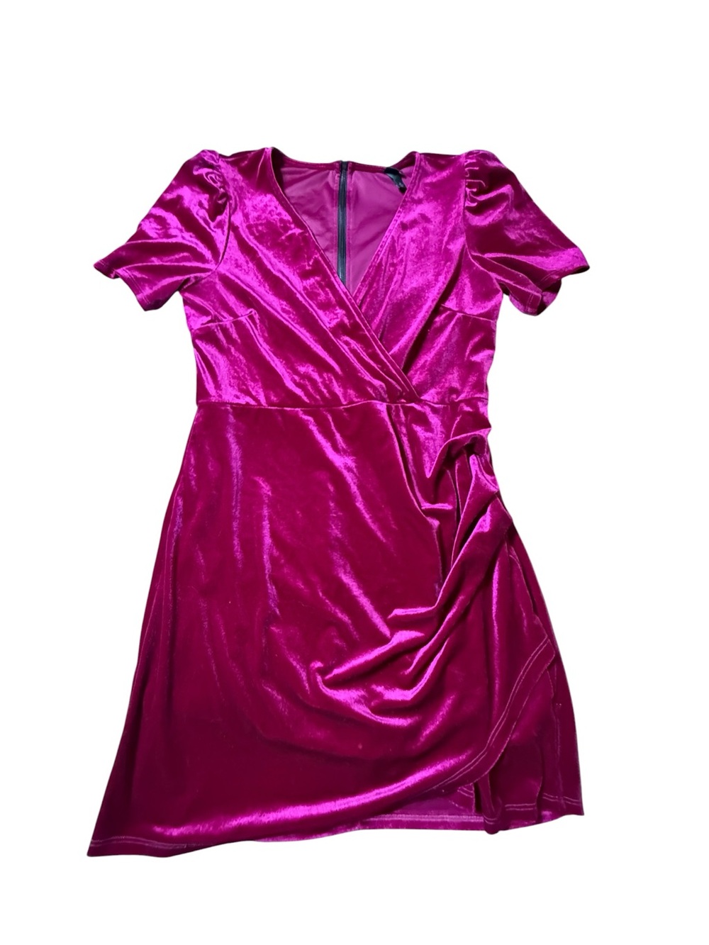 Wild Fable Fuchsia Velvet Ruched Faux Wrap Mini Dress M Medium Short Sleeve